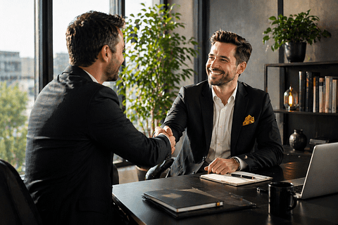Poignée de main entre un vendeur et un client après un entretien de vente réussi dans un bureau professionnel